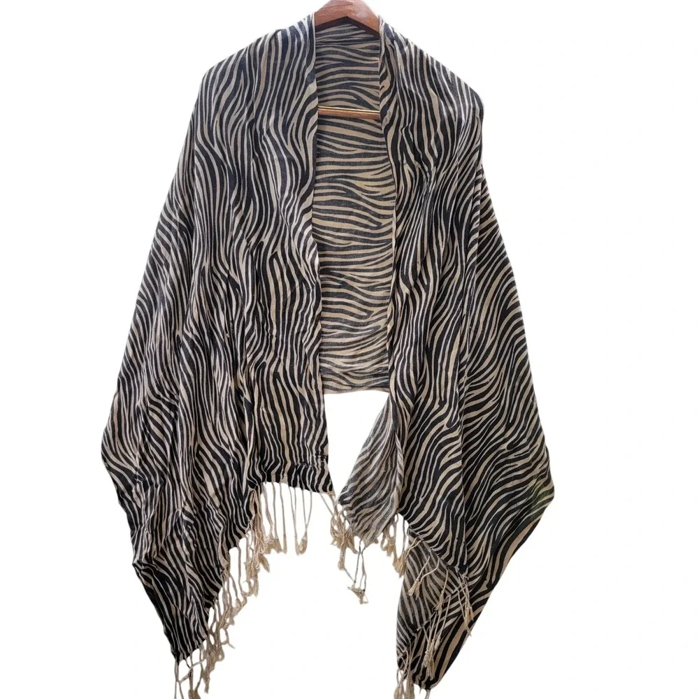 Fine Shawl Zebra Print Viscose Wrap Scarf Black Tan Fringed Made in India
